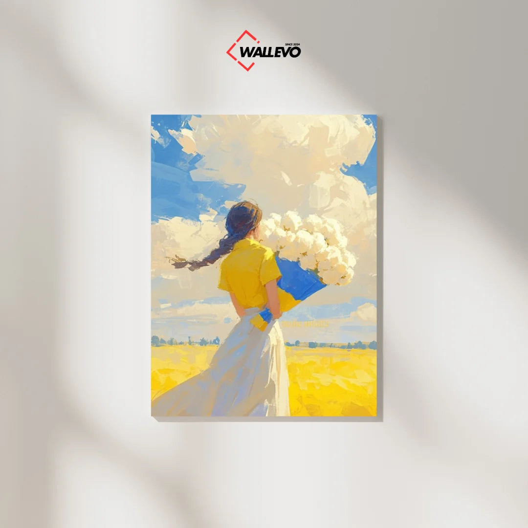 A Girl Holding a Bouquet Under a Beautiful Blue Sky & Clouds – Aesthetic Plywood Crystal Frame